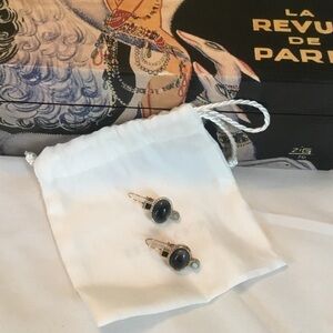 Gold-Tone Black Stone Drop Earrings with Aqua Accent